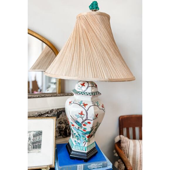 Famille Rose-Inspired Ginger Jar Lamp with Pleated Shade - Picture 4 of 7